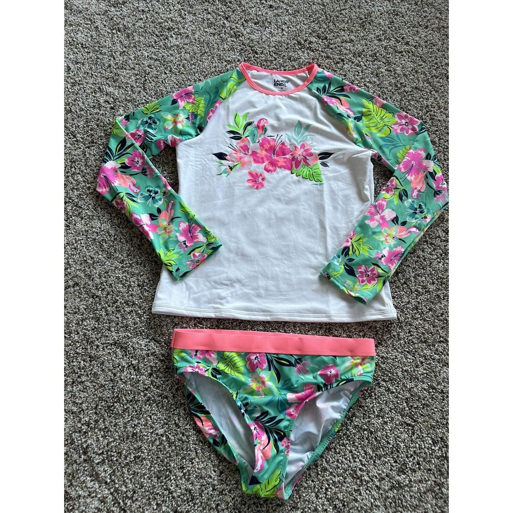 Lands End Size 12 Girls RashGuard Long Sleeve Swim Top & Bikini Bottoms Set C24